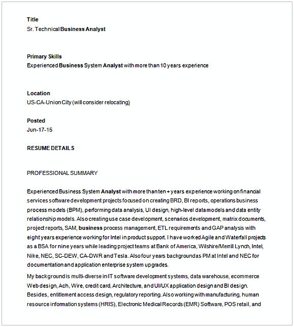 Senior Technical Business Analyst Resume Template Senior Technical Business Analyst Resume Template