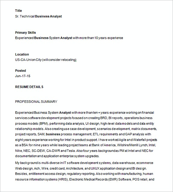 Sr. Technical Business Analyst Resume Template Sr. Technical Business Analyst Resume Template