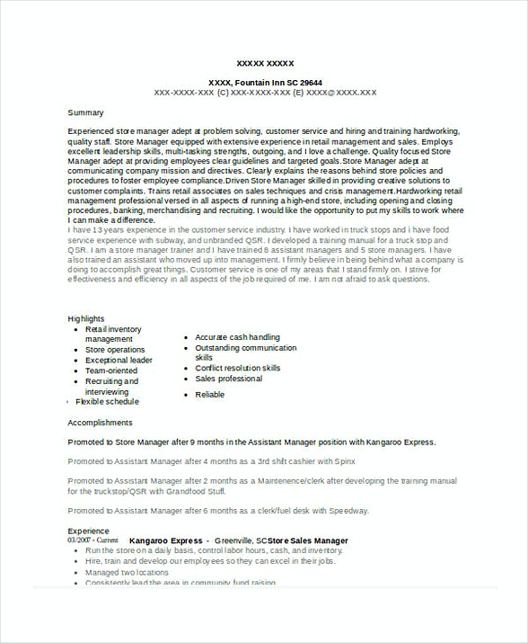 Store Sales Manager Resume 1 Store Sales Manager Resume 1