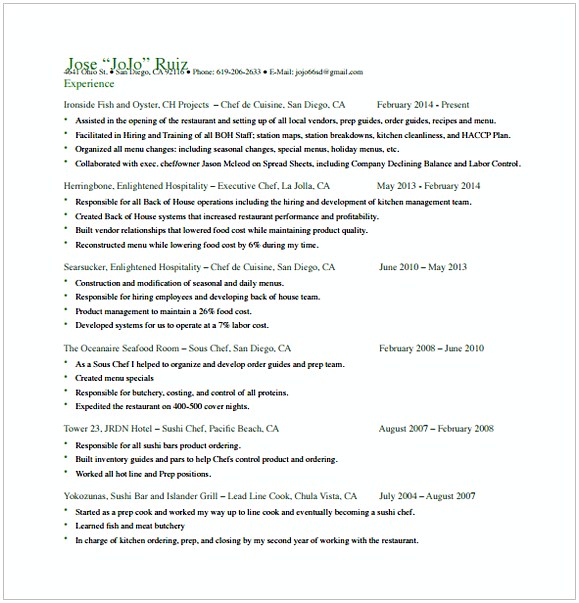 Sushi Chef Resume Sushi Chef Resume