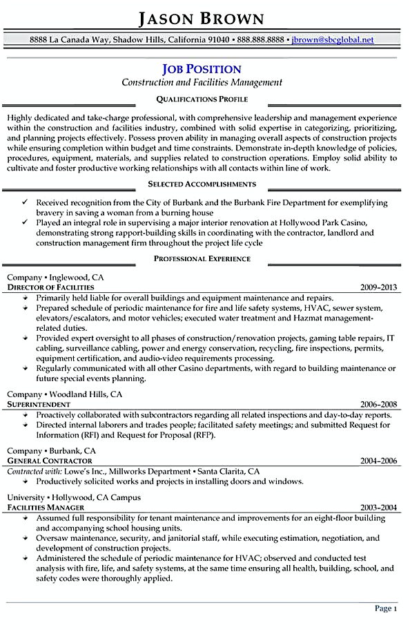 construction and facilities manager resume construction and facilities manager resume