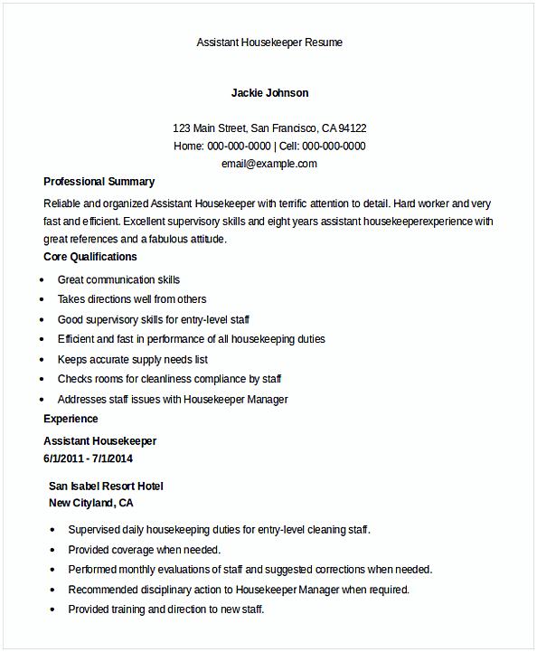 Assistant Housekeeper Resume Assistant Housekeeper Resume