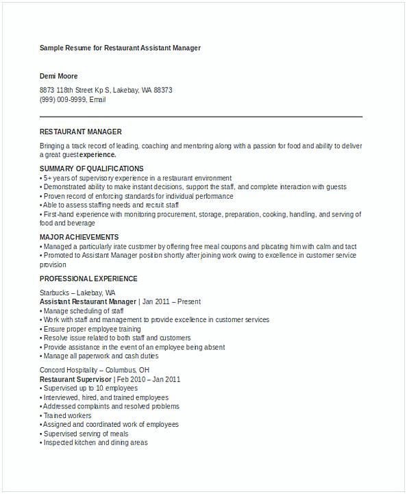 Assistant Restaurant Manager Resume Assistant Restaurant Manager Resume