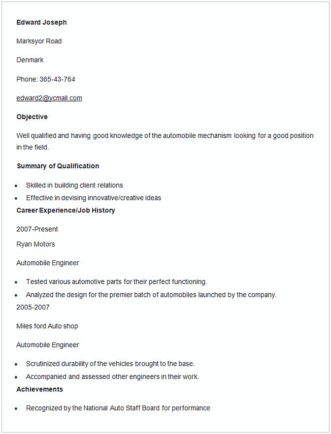 Automobile Engineer Resume Template Automobile Engineer Resume Template