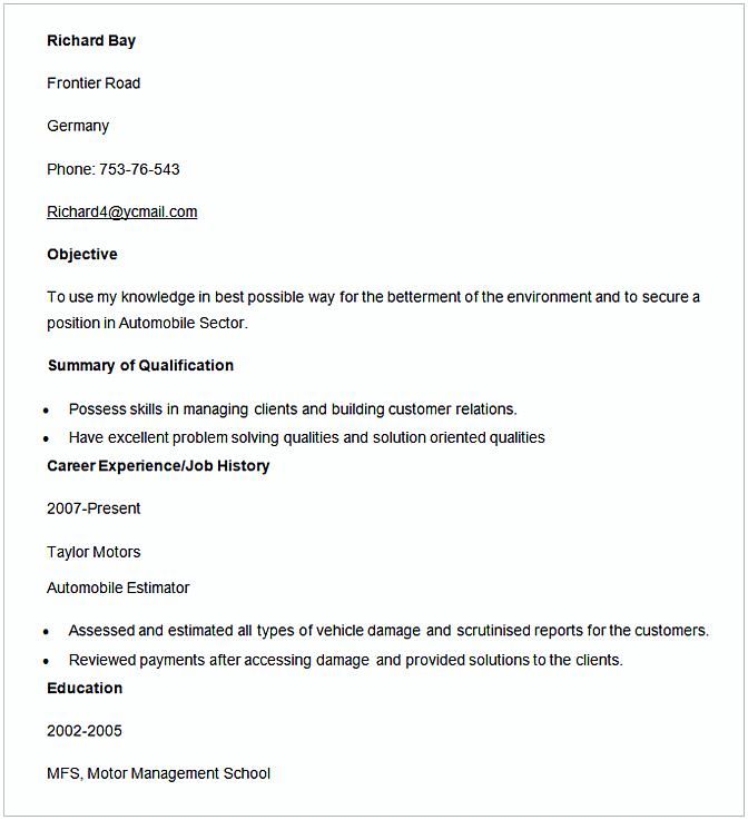 Automobile Estimator Resume Template Automobile Estimator Resume Template