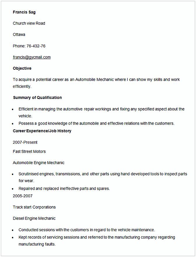 Automobile Mechanic Resume Template Automobile Mechanic Resume Template