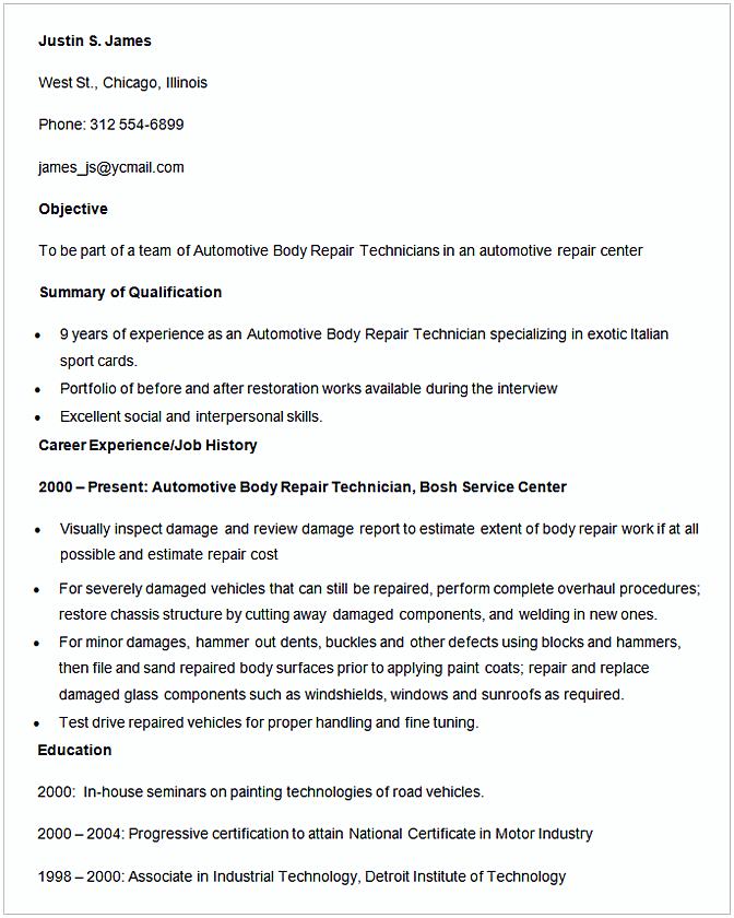 Automotive Body Repair Technician Resume Template Automotive Body Repair Technician Resume Template