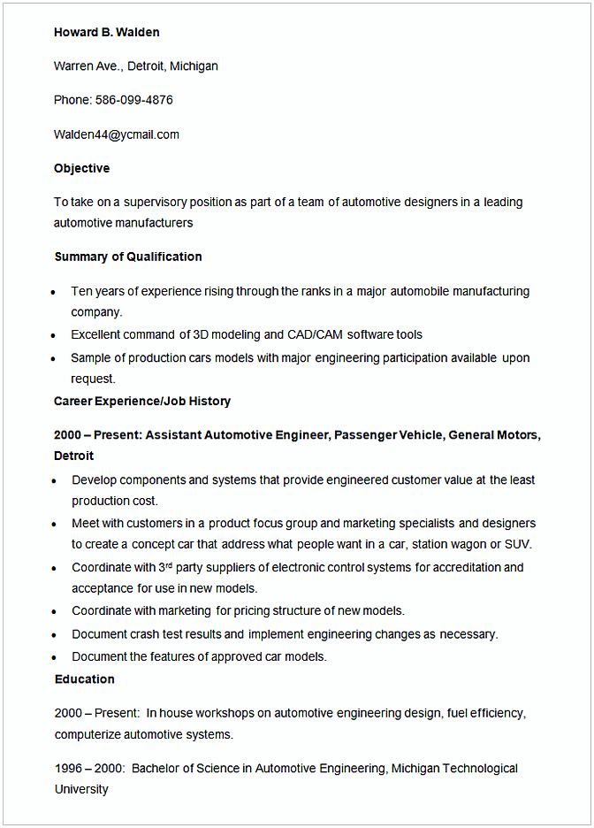 Automotive Engineer Resume Template Automotive Engineer Resume Template