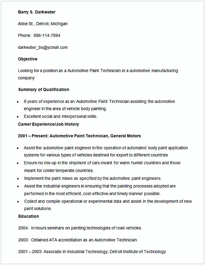 Automotive Paint Technician Resume Template Automotive Paint Technician Resume Template