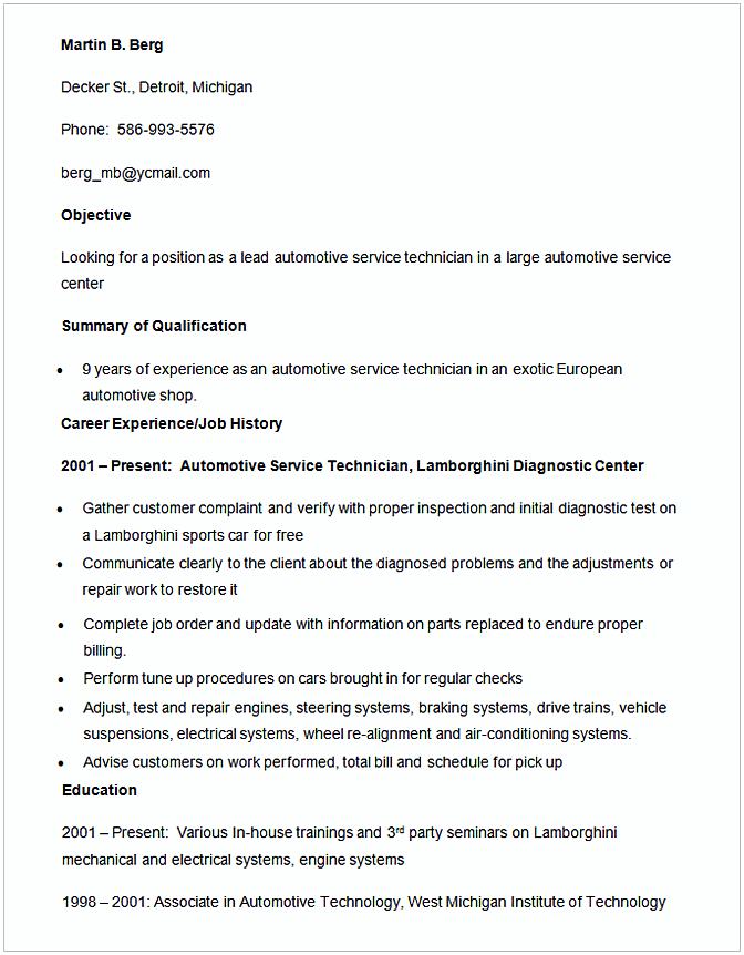 Automotive Service Technician Resume Template Automotive Service Technician Resume Template