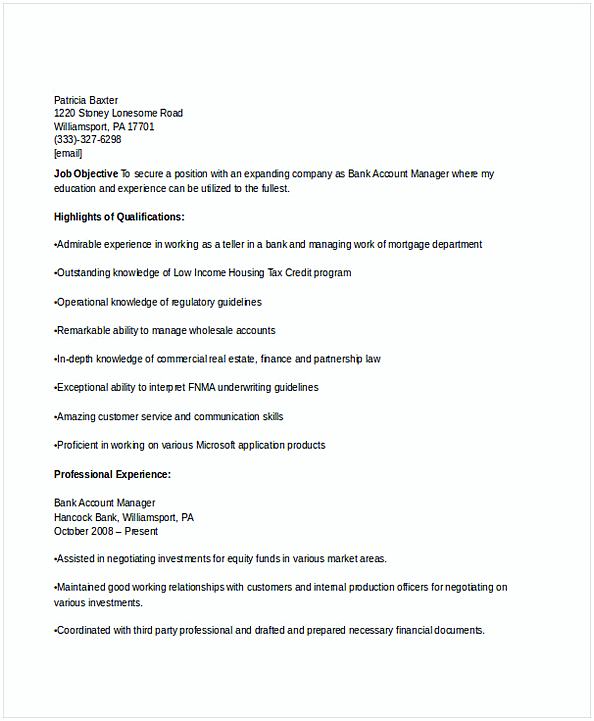 Bank Account Manager Resume Bank Account Manager Resume