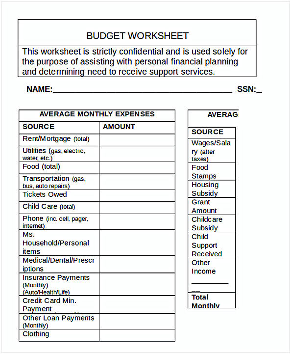 Blank Budget Worksheet Blank Budget Worksheet