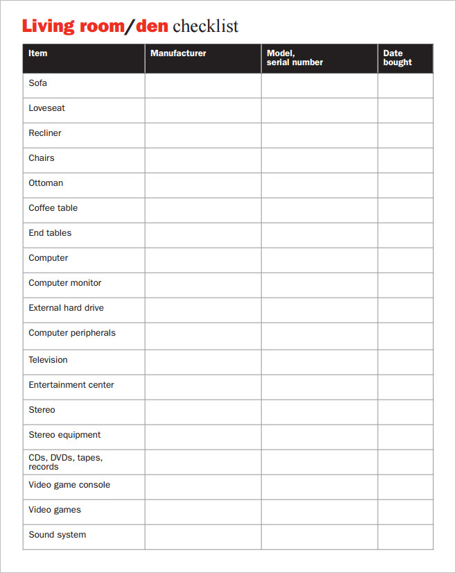 Blank Living Room Checklist Template In Pdf Blank Living Room Checklist Template In Pdf