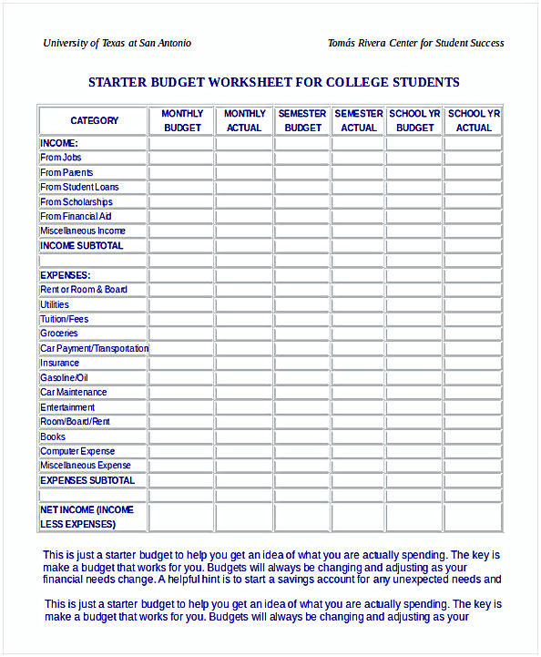 Budget Worksheet for College Students Budget Worksheet for College Students