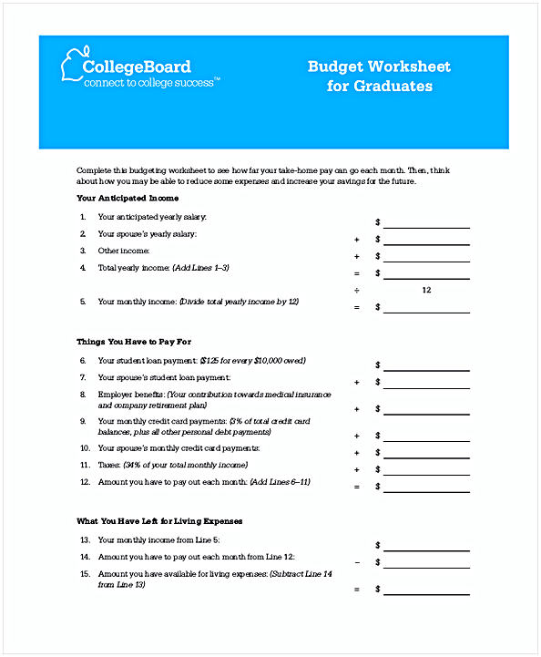 Budget Worksheet for Graduates Budget Worksheet for Graduates