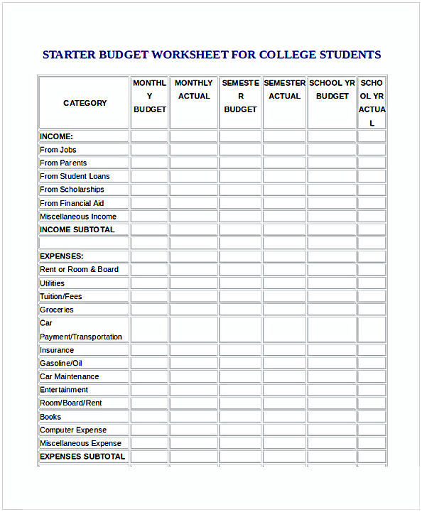 Budget Worksheet for University Students Budget Worksheet for University Students
