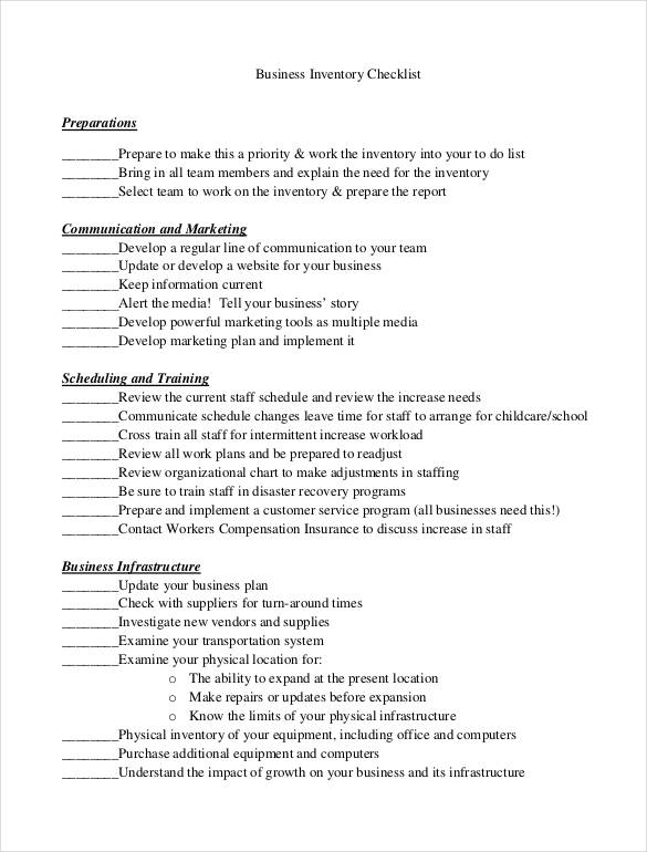 Business Inventory Checklist Business Inventory Checklist
