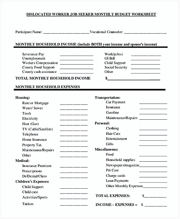 Dislocated Worker Monthly Budget Worksheet Dislocated Worker Monthly Budget Worksheet