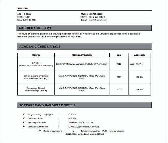 Doc Format Fresherss Electronics Comm Engineering Resume Doc Format Fresherss Electronics Comm Engineering Resume