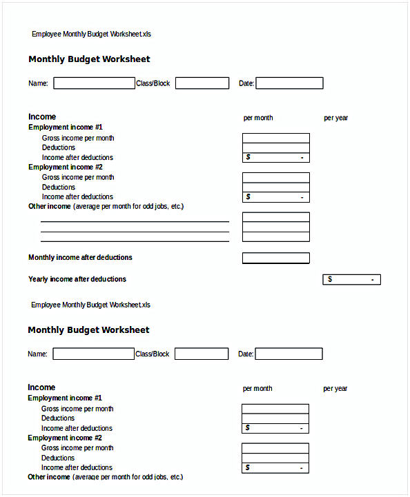 Employee Monthly Budget Worksheet Employee Monthly Budget Worksheet
