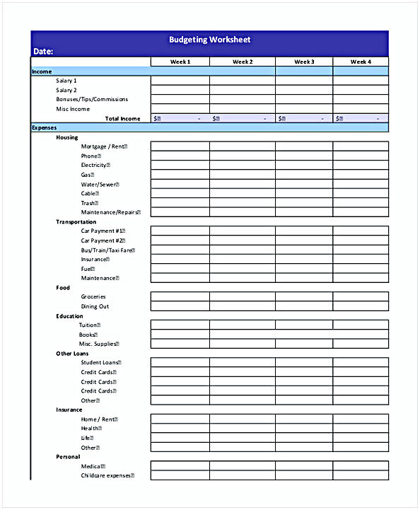 Example Budgeting Worksheet Example Budgeting Worksheet