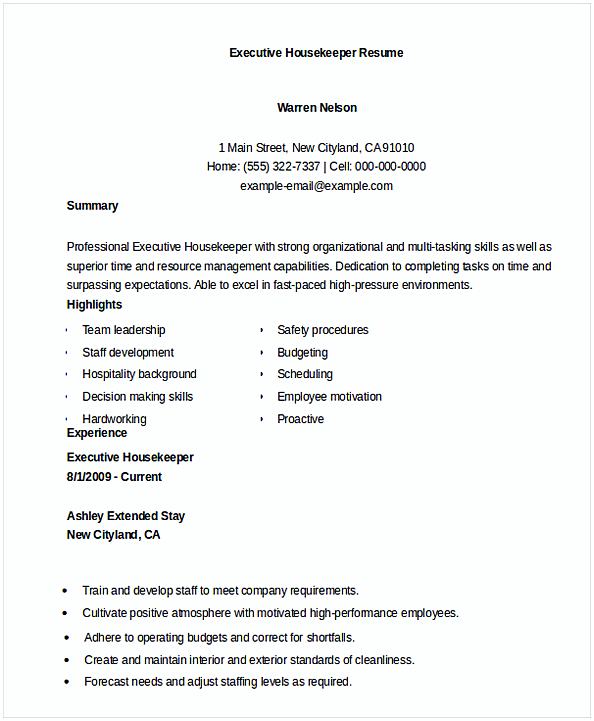 Executive Housekeeper Resume Executive Housekeeper Resume