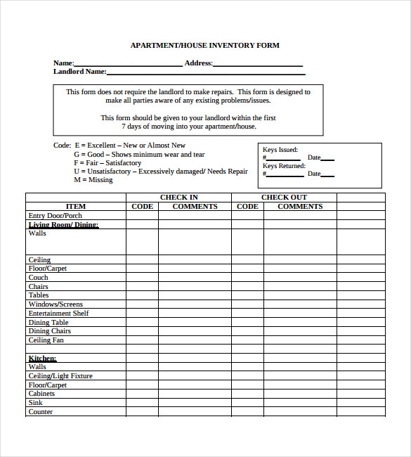 House Inventory Form PDF House Inventory Form PDF