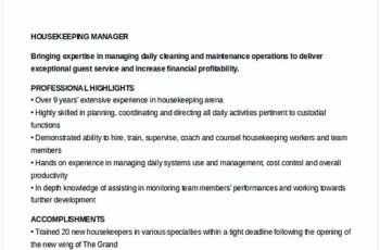 Housekeeper Manager Resume Template Example