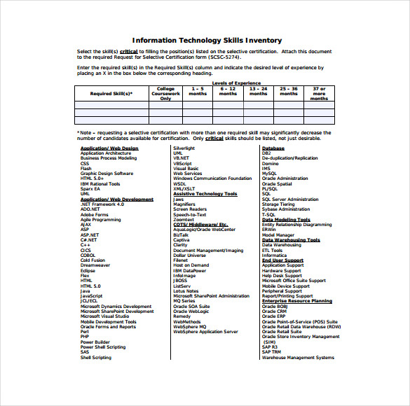 Information Technology Skills InventoryPDF Template Information Technology Skills InventoryPDF Template