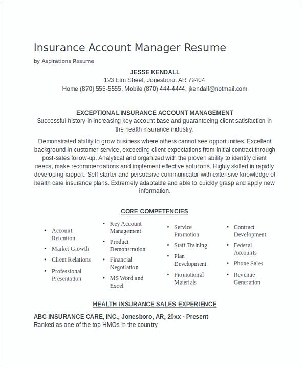 Insurance Account Manager Resume Insurance Account Manager Resume