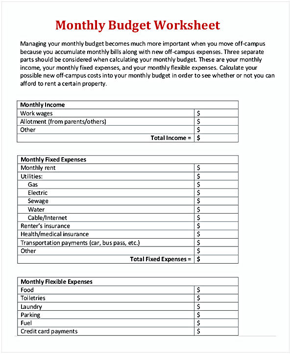 Monthly Budget Expense Worksheet Monthly Budget Expense Worksheet
