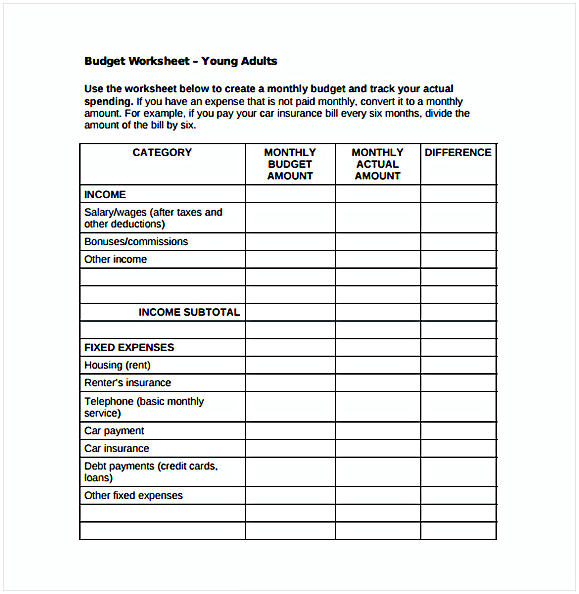 Monthly Budget Spreadsheet for Young Adults PDF Monthly Budget Spreadsheet for Young Adults PDF