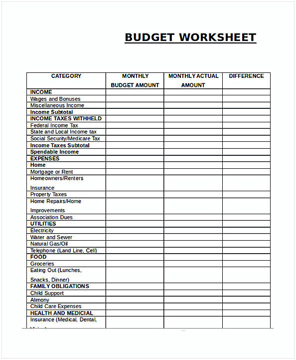 Monthly Budget Worksheet Monthly Budget Worksheet