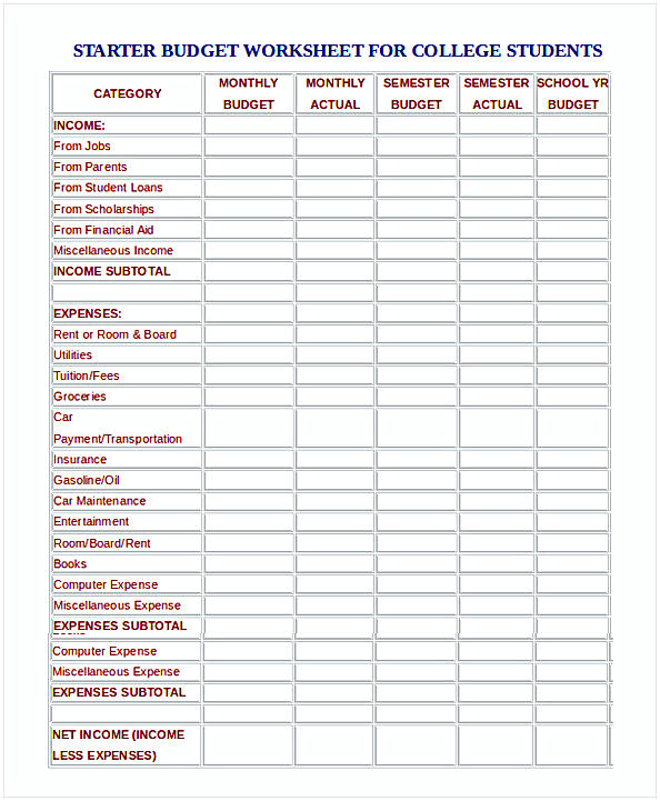 Monthly College Student Budget Worksheet Monthly College Student Budget Worksheet