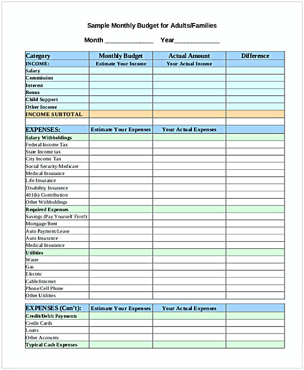 Monthly Family Budget Worksheet Monthly Family Budget Worksheet