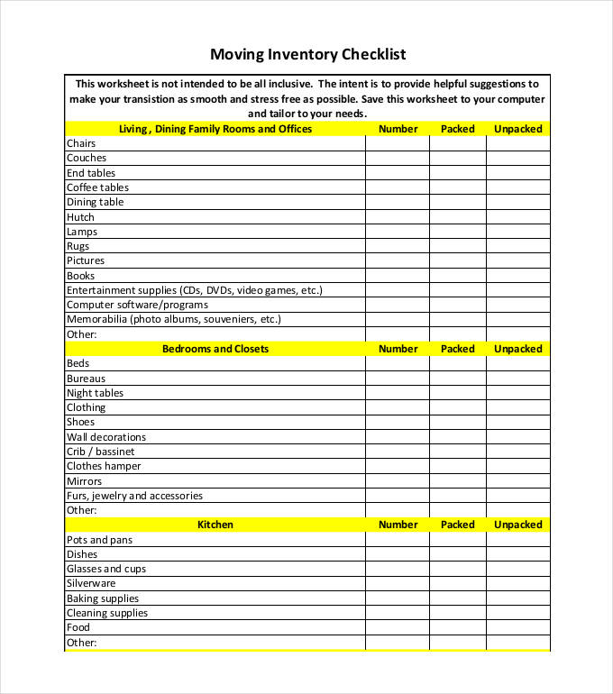 Moving Inventory Checklist Template Moving Inventory Checklist Template