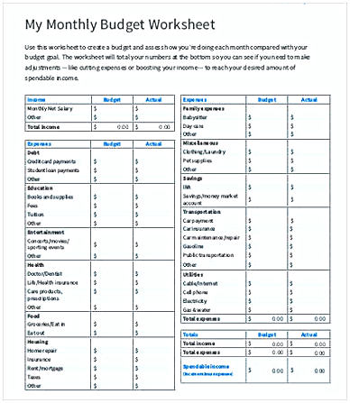 My Monthly Family Budget Worksheet My Monthly Family Budget Worksheet