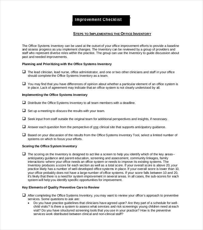 Office Inventory Improvement Checklist Office Inventory Improvement Checklist