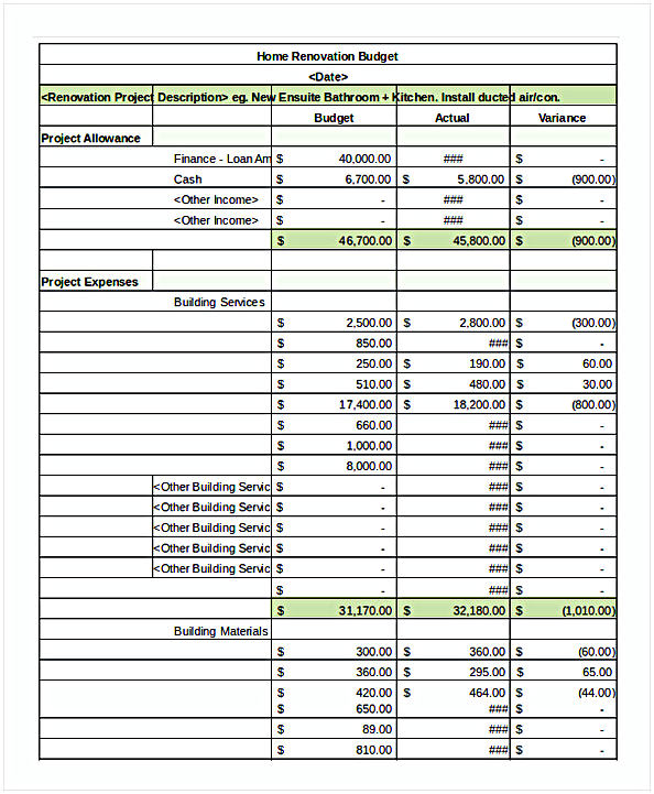 Renovation Budget Spreadsheet Template Renovation Budget Spreadsheet Template