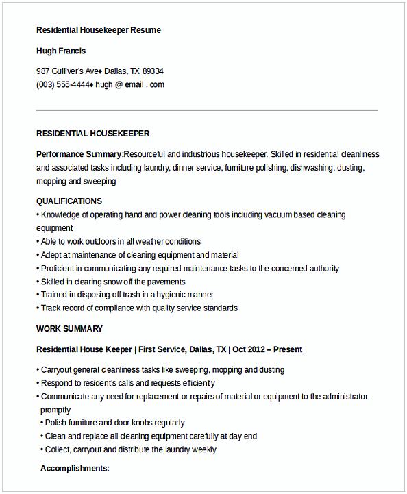 Residential Housekeeper Resume Residential Housekeeper Resume