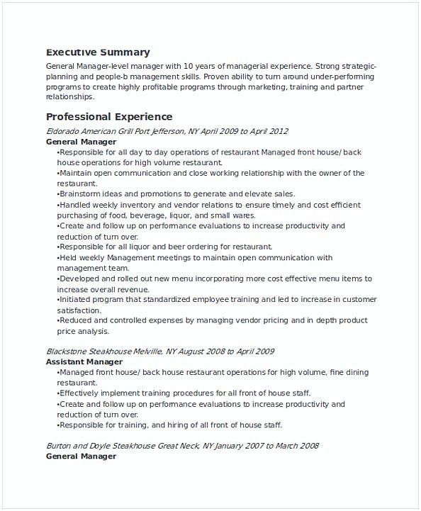 Restaurant General Manager Resume Restaurant General Manager Resume