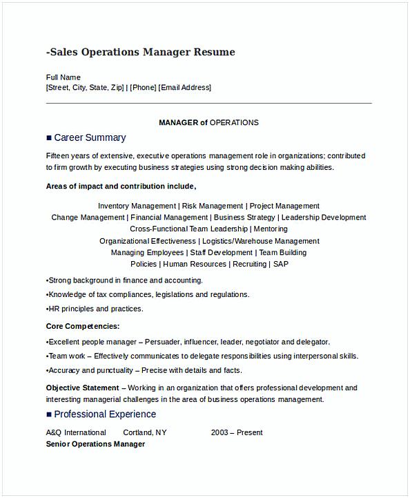 Sales Operations Manager Resume Sales Operations Manager Resume