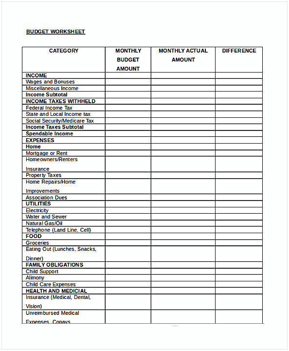 Sample Budget Worksheet Sample Budget Worksheet