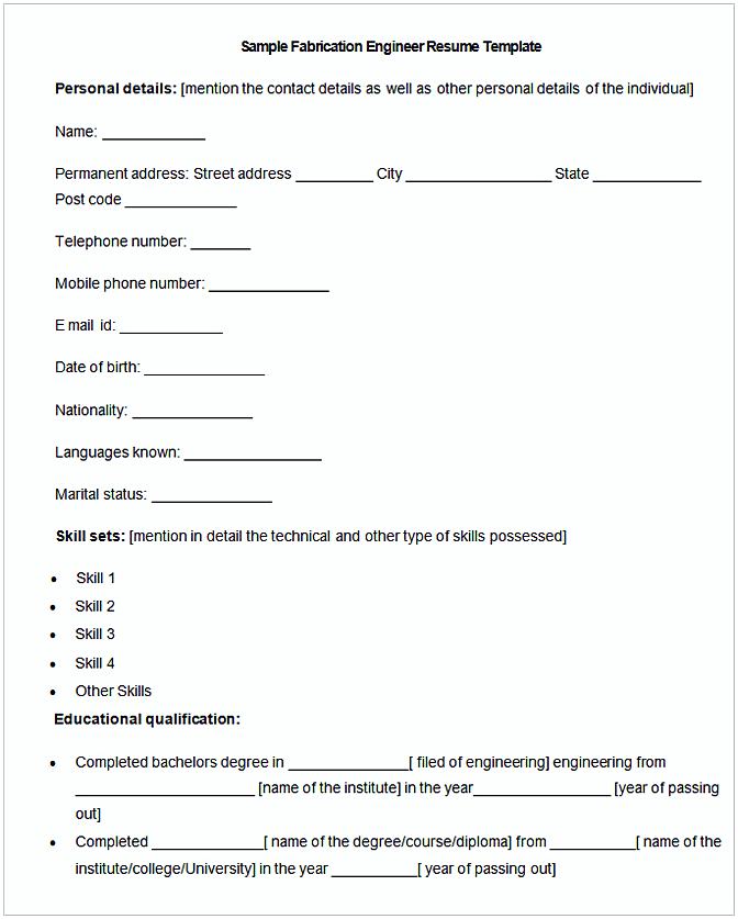 Sample Fabrication Engineer Resume Template Sample Fabrication Engineer Resume Template