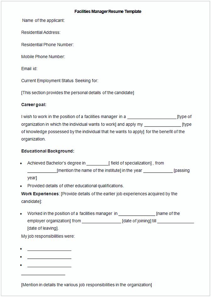 Sample Facilities Manager Resume Template Sample Facilities Manager Resume Template