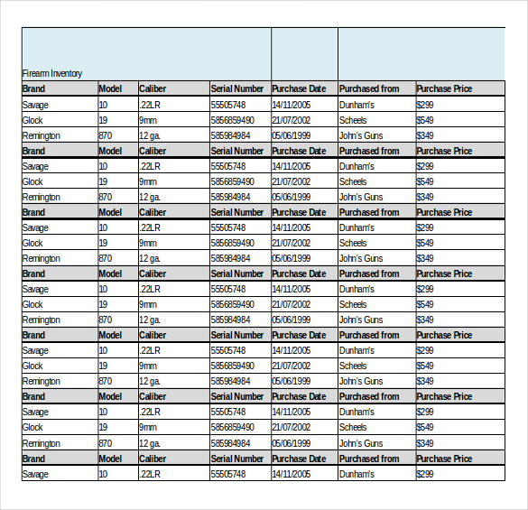 Sample Firearm Inventory List Template Sample Firearm Inventory List Template