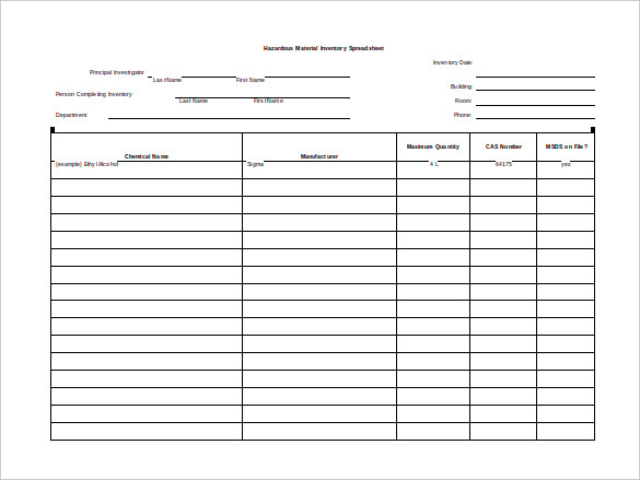 Sample Hazardous Material Inventory Blank Spreadsheet Sample Hazardous Material Inventory Blank Spreadsheet