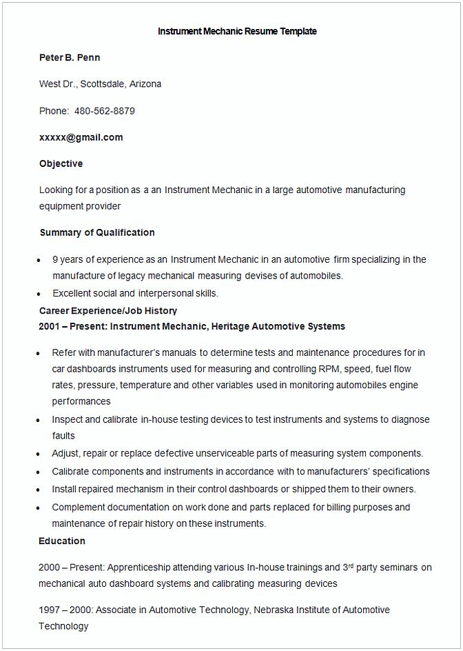 Sample Instrument Mechanic Resume Template Sample Instrument Mechanic Resume Template