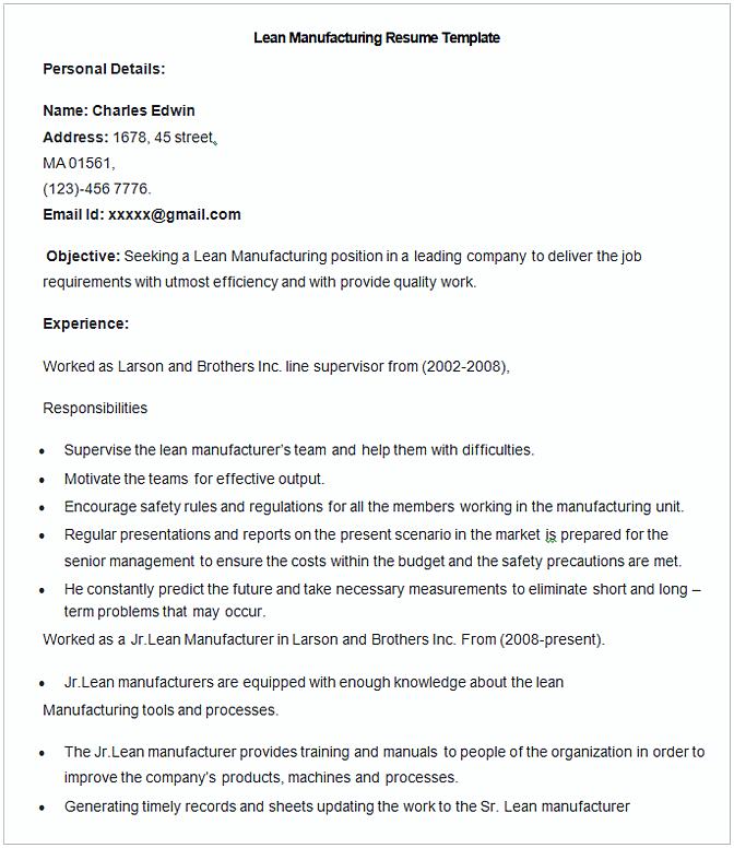Sample Lean Manufacturing Resume Template Sample Lean Manufacturing Resume Template