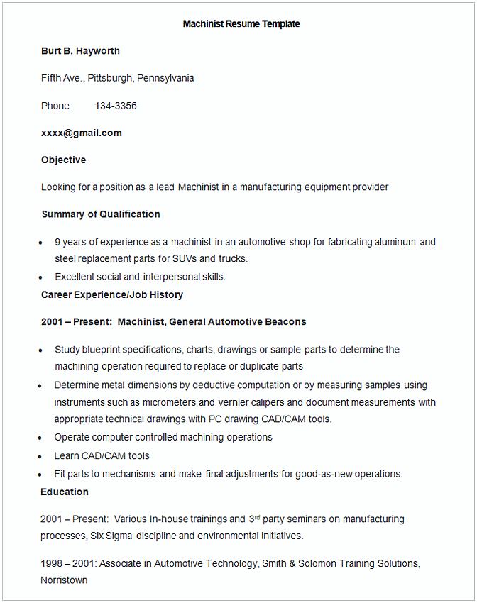 Sample Machinist Resume Template Sample Machinist Resume Template